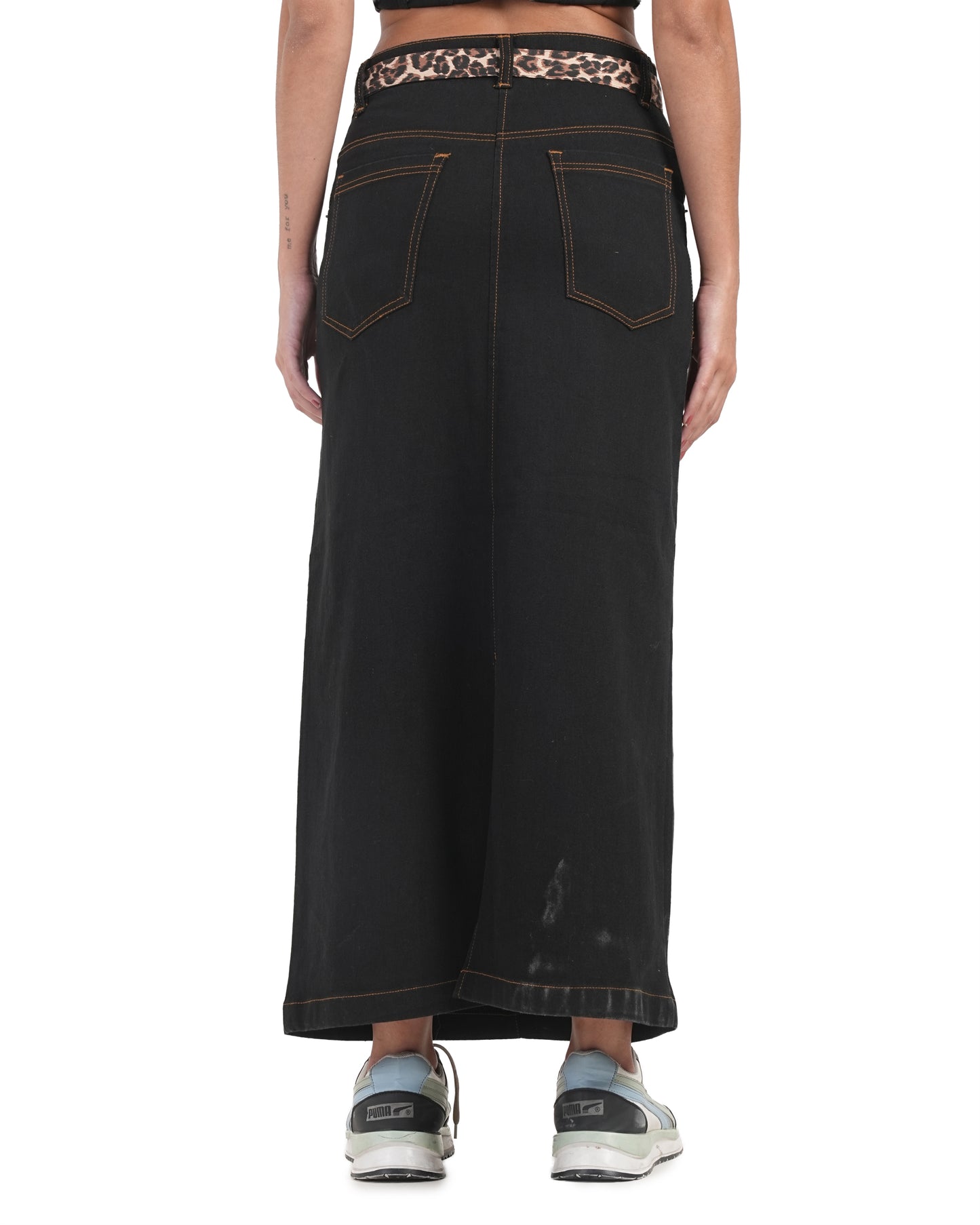 Leopard Belt Denim Maxi Skirt