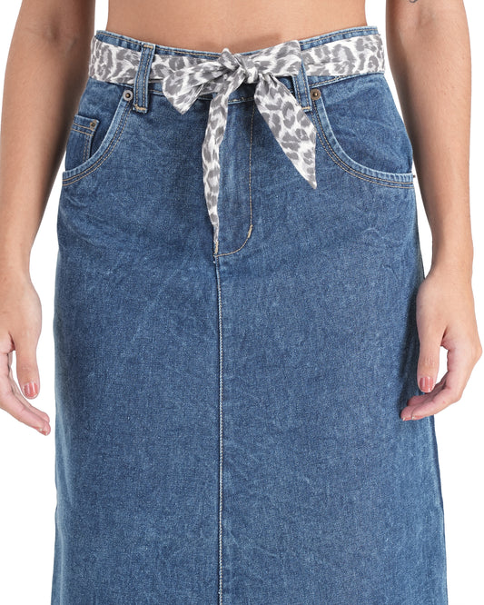 High-Waisted Tie-Belt Denim Midi Skirt