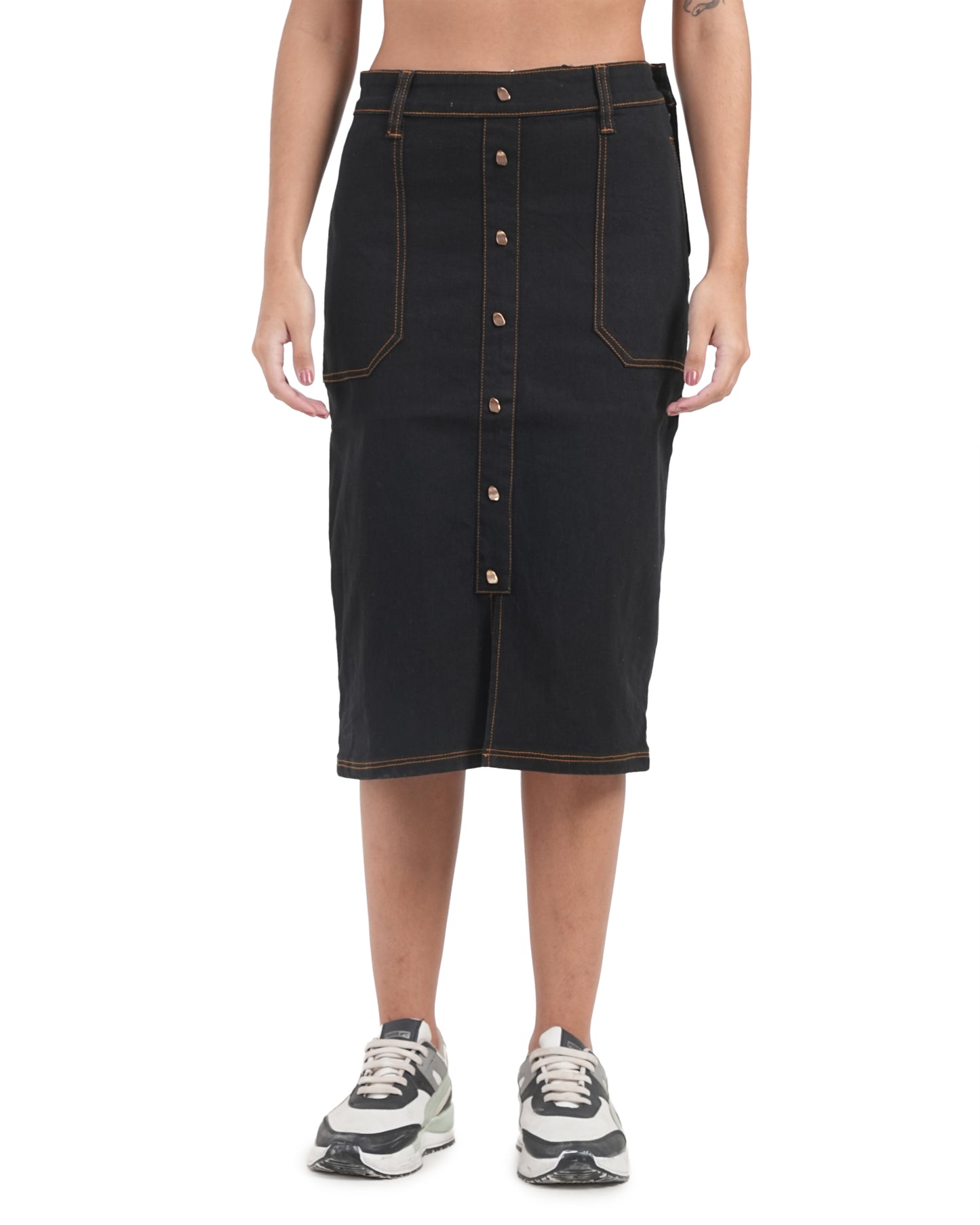 Classic Button-Front Denim Midi Skirt