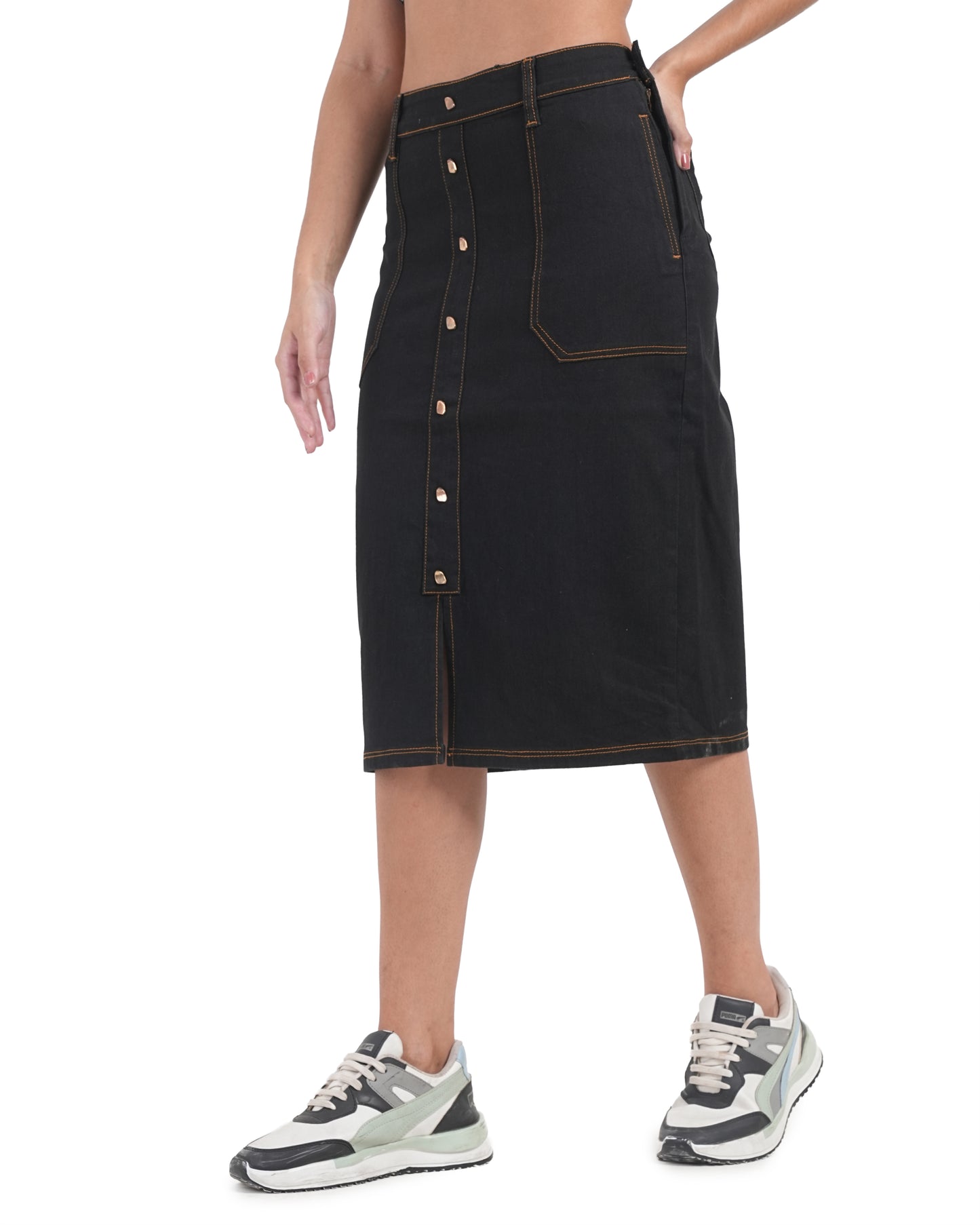 Classic Button-Front Denim Midi Skirt