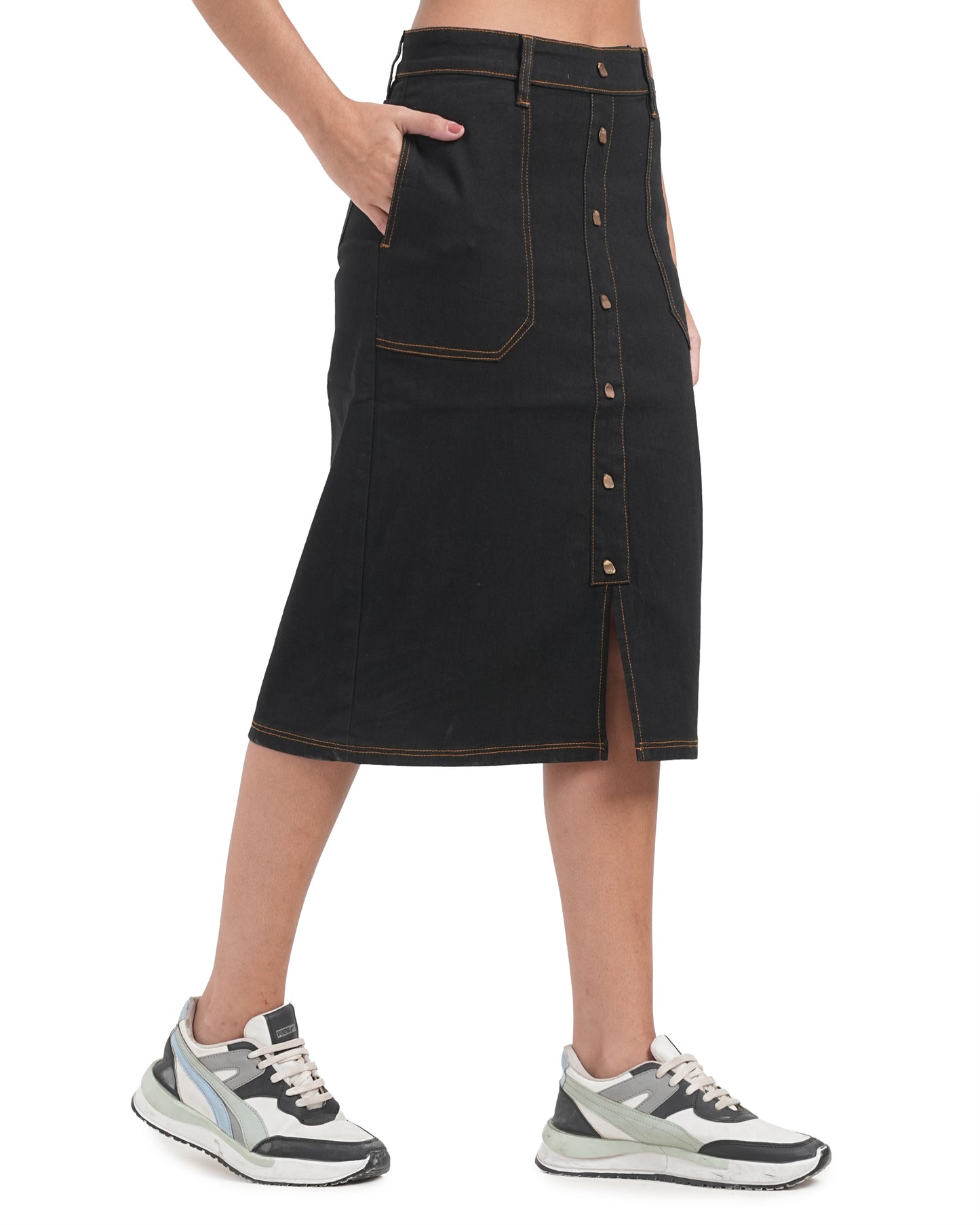 Classic Button-Front Denim Midi Skirt