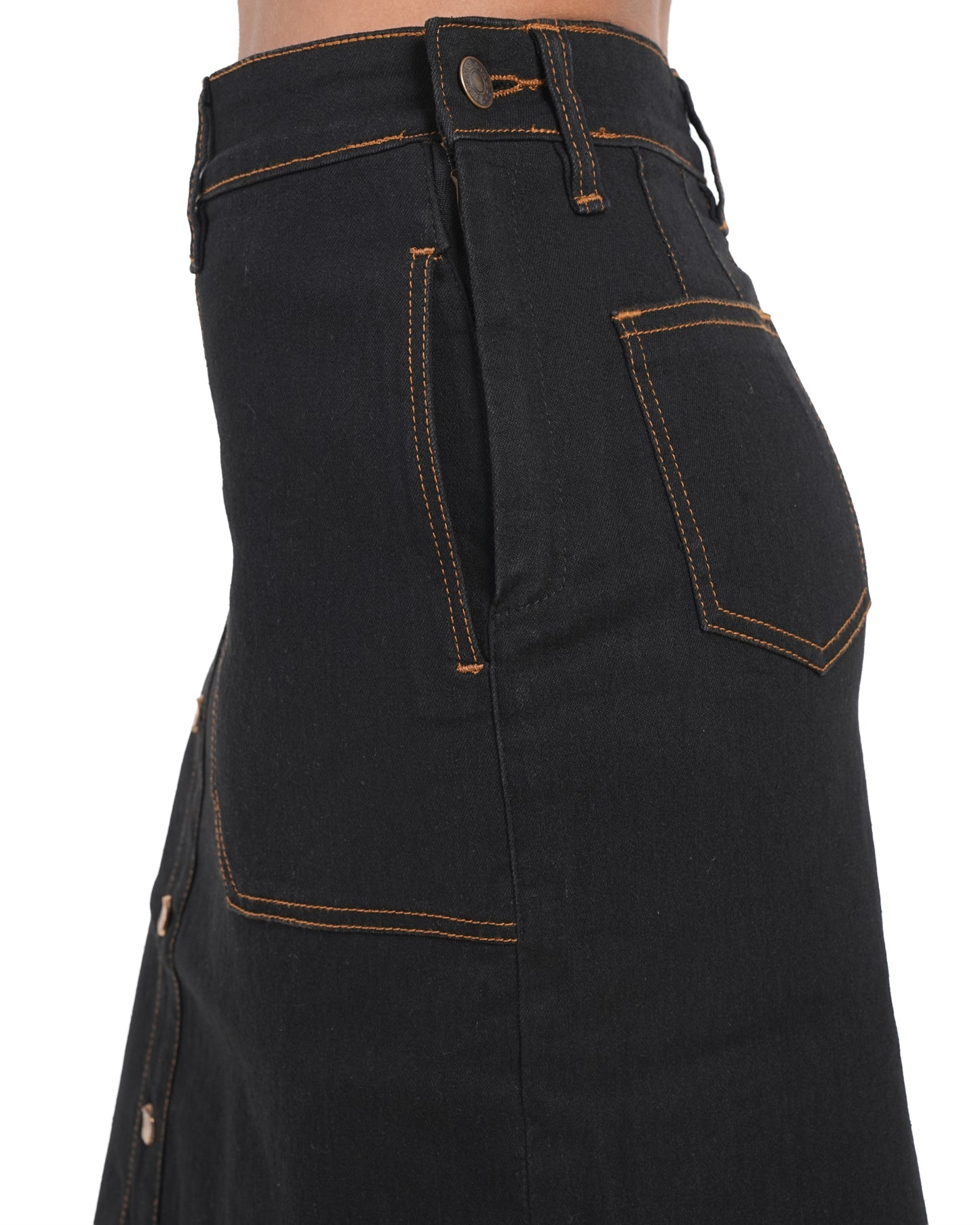 Classic Button-Front Denim Midi Skirt