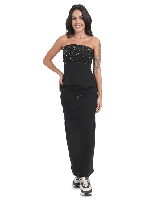Leopard Belt Denim Maxi Skirt