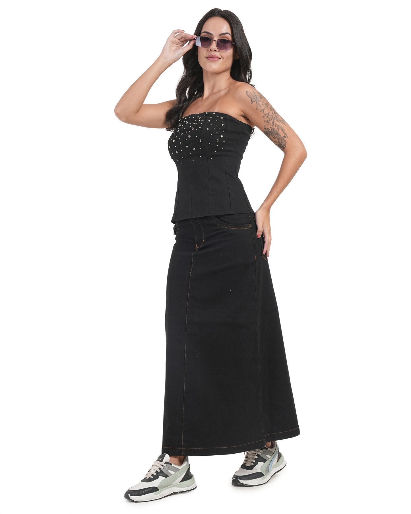 Leopard Belt Denim Maxi Skirt
