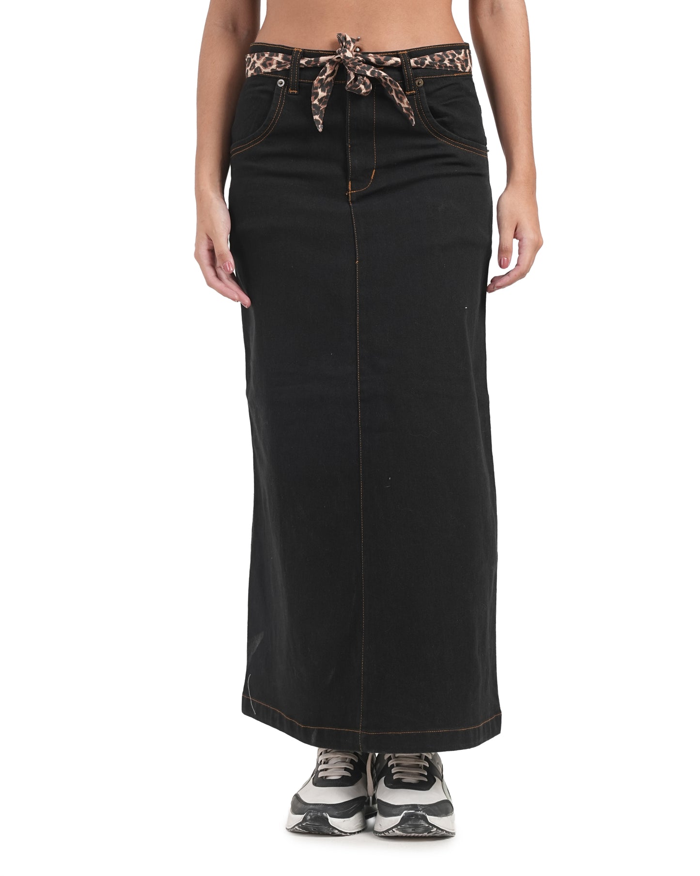 Leopard Belt Denim Maxi Skirt