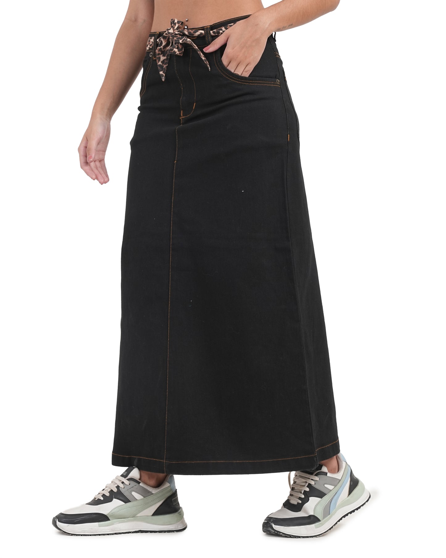 Leopard Belt Denim Maxi Skirt