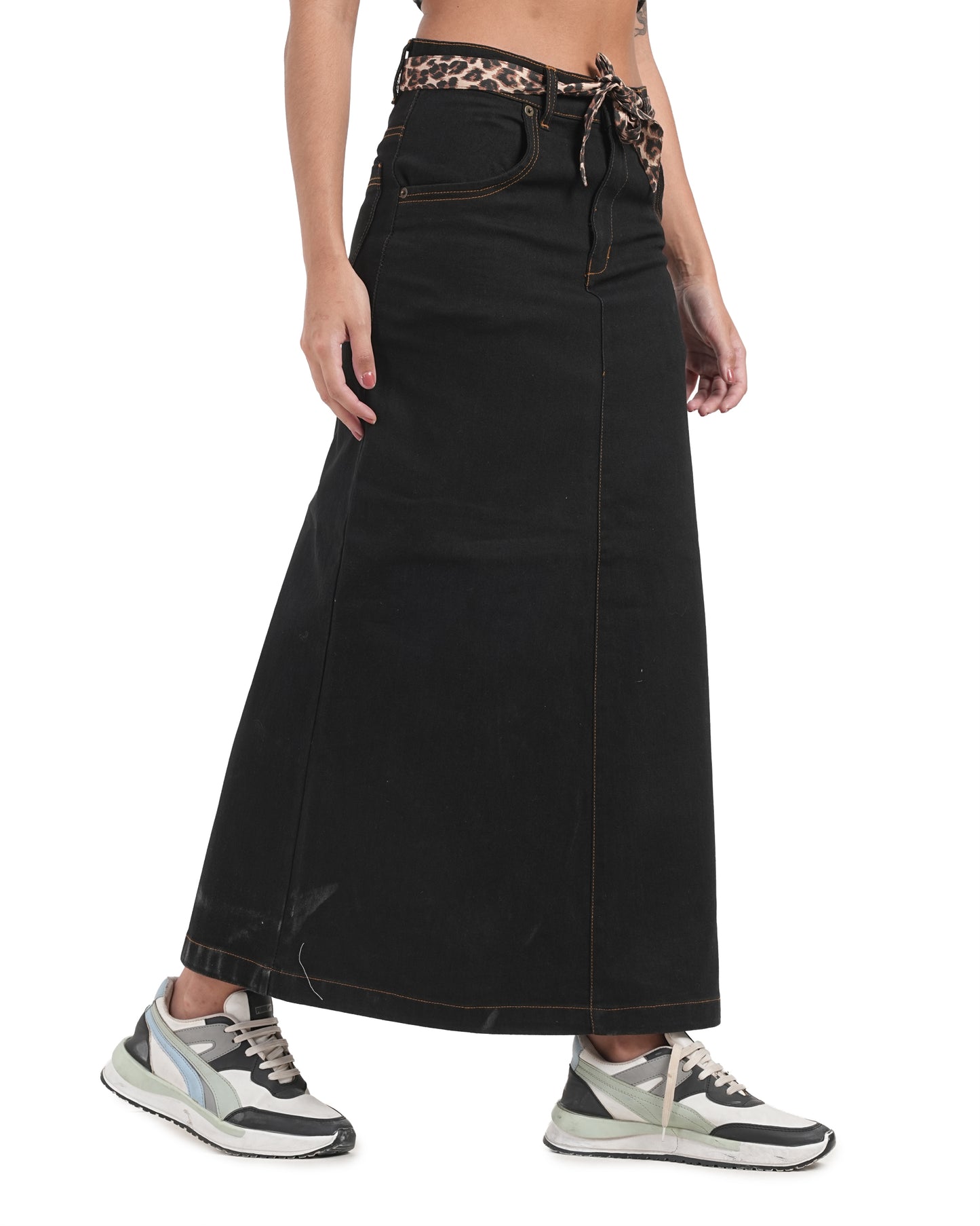 Leopard Belt Denim Maxi Skirt