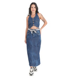 Leopard Belt Blue Denim Maxi Skirt