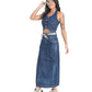 Leopard Belt Blue Denim Maxi Skirt