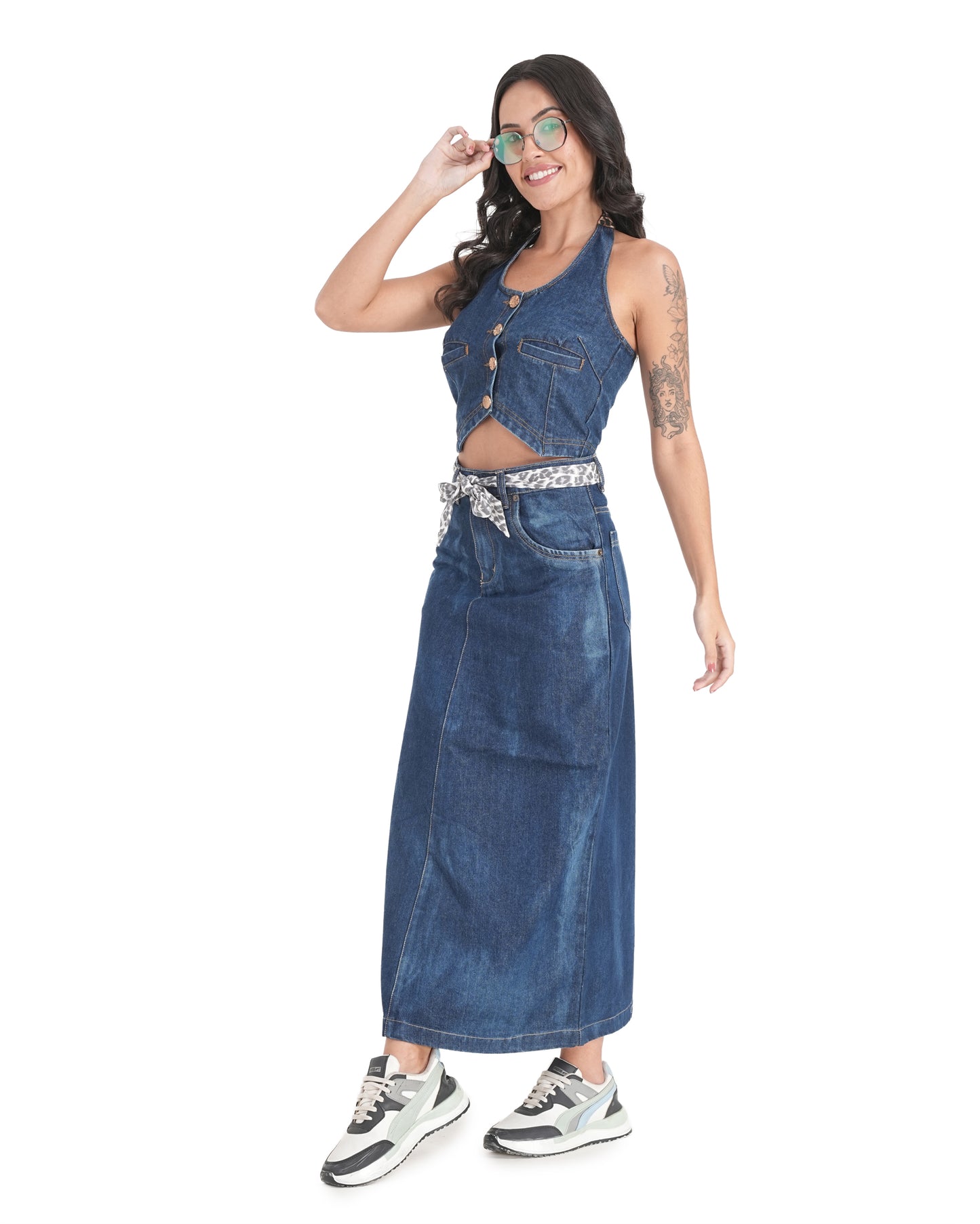 Leopard Belt Blue Denim Maxi Skirt