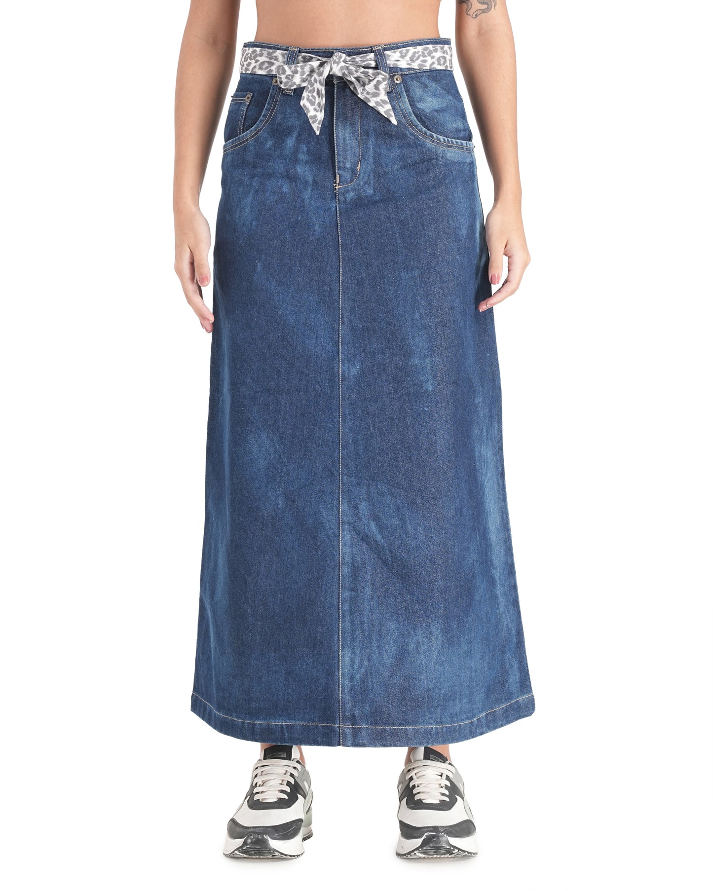 Leopard Belt Blue Denim Maxi Skirt