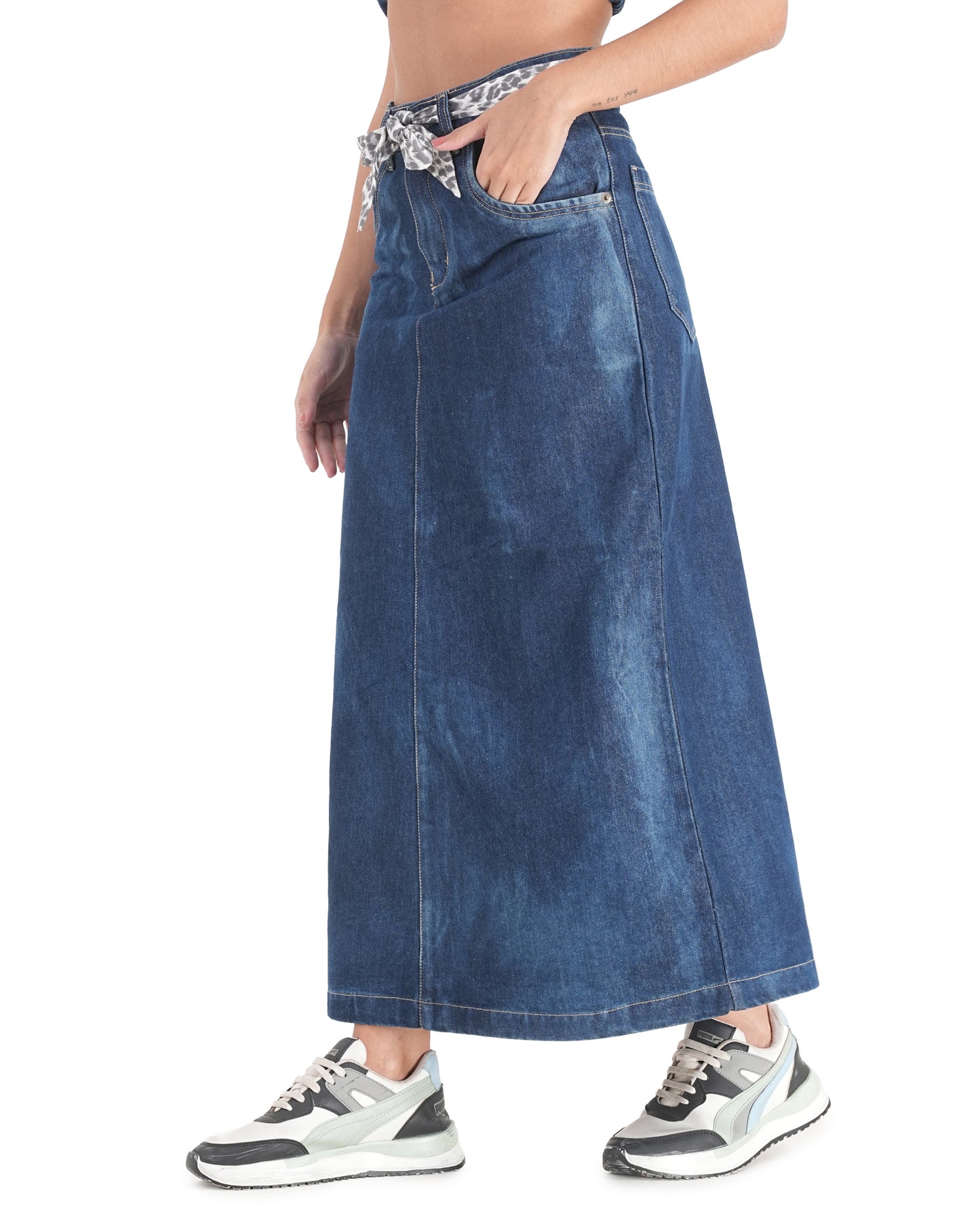 Leopard Belt Blue Denim Maxi Skirt