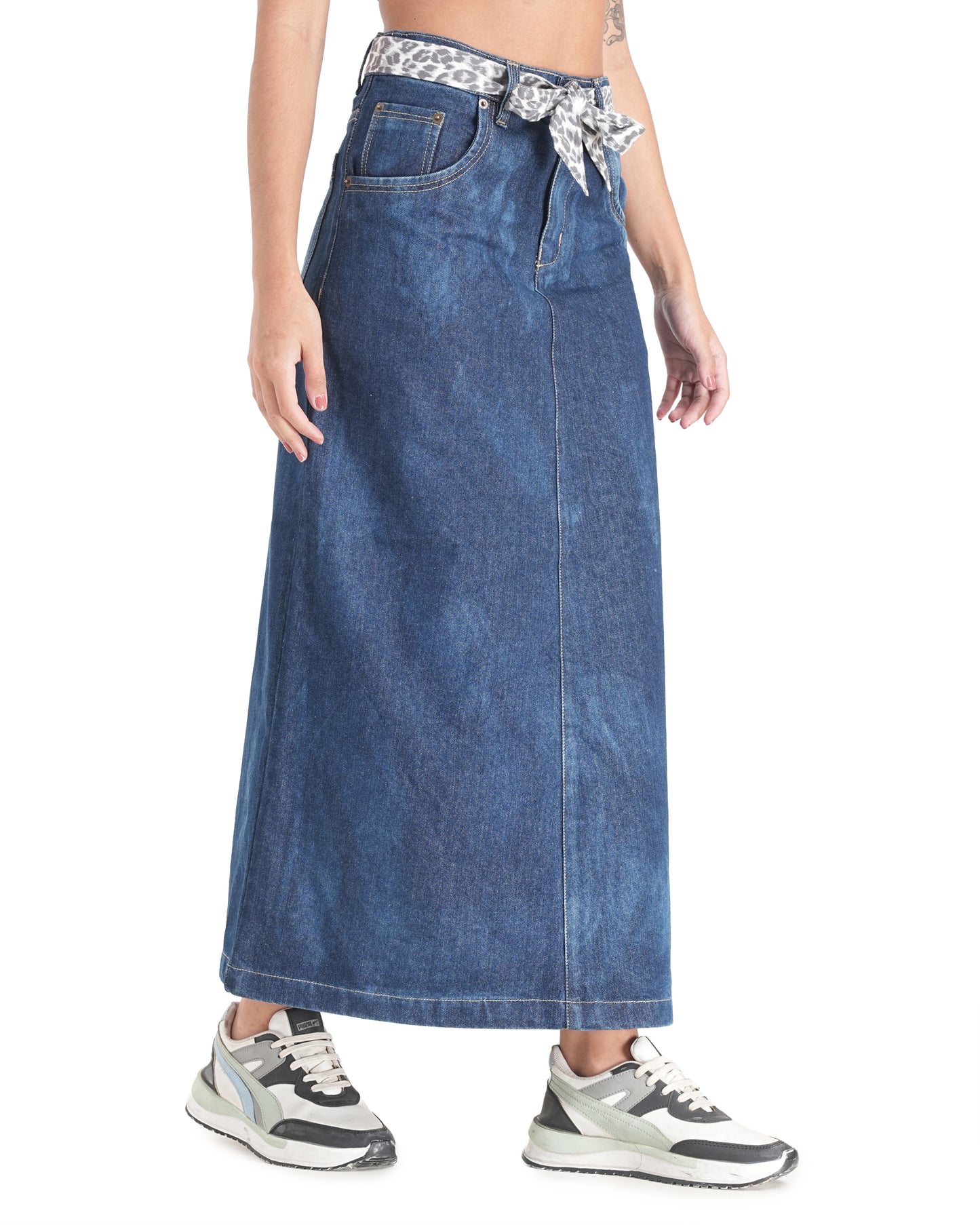 Leopard Belt Blue Denim Maxi Skirt