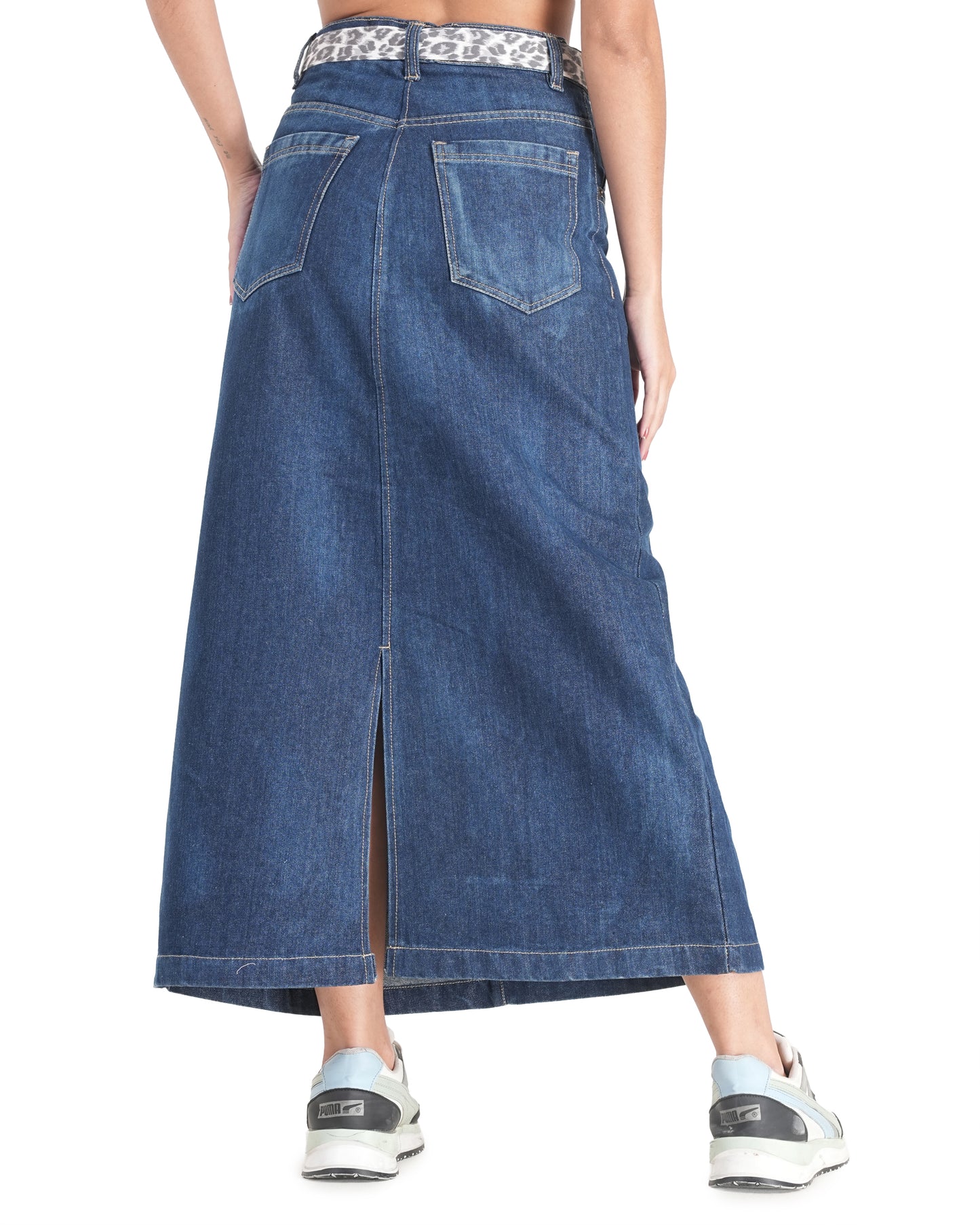 Leopard Belt Blue Denim Maxi Skirt