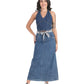 High-Waisted Tie-Belt Denim Midi Skirt