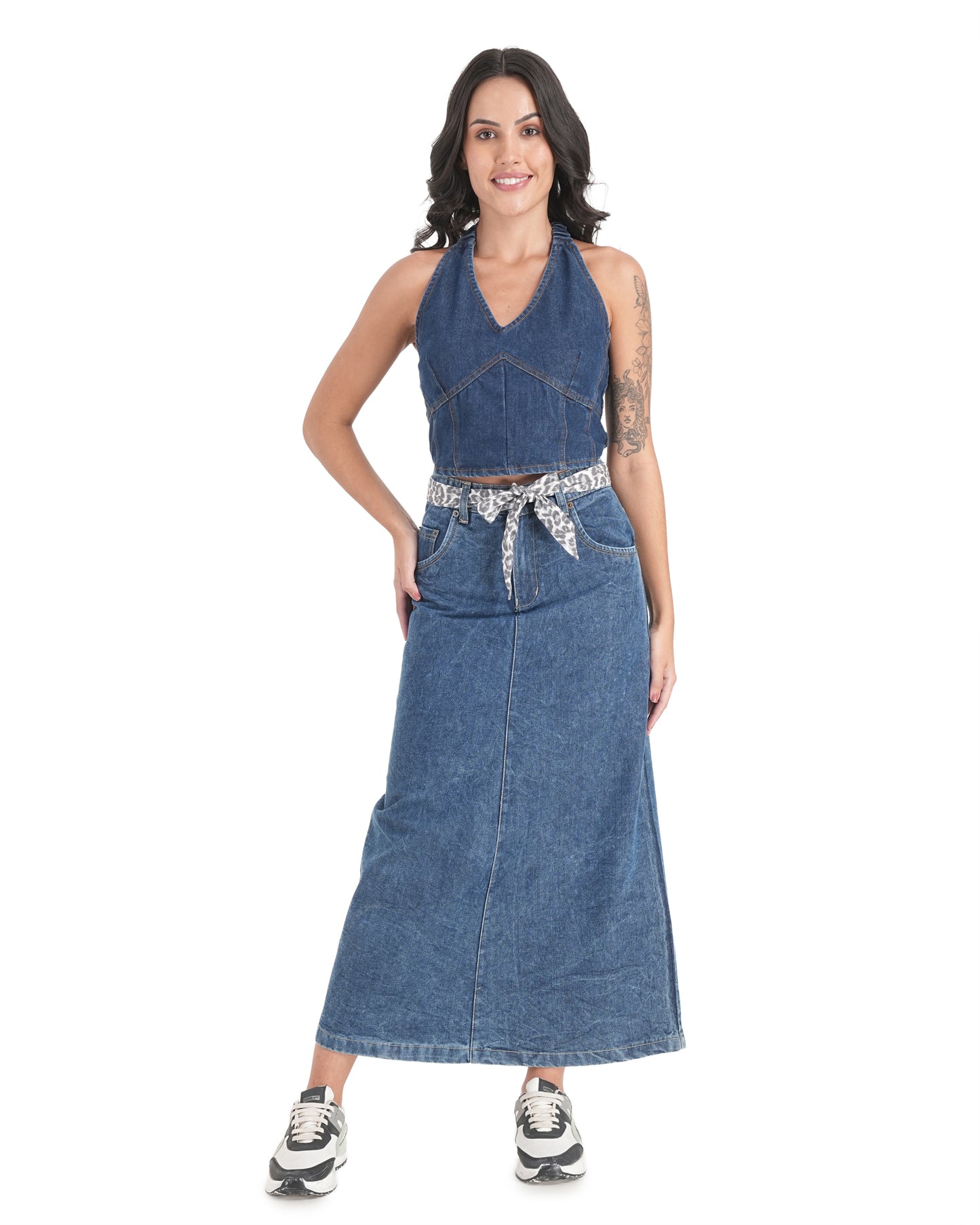 High-Waisted Tie-Belt Denim Midi Skirt