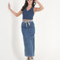 High-Waisted Tie-Belt Denim Midi Skirt