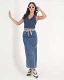 High-Waisted Tie-Belt Denim Midi Skirt