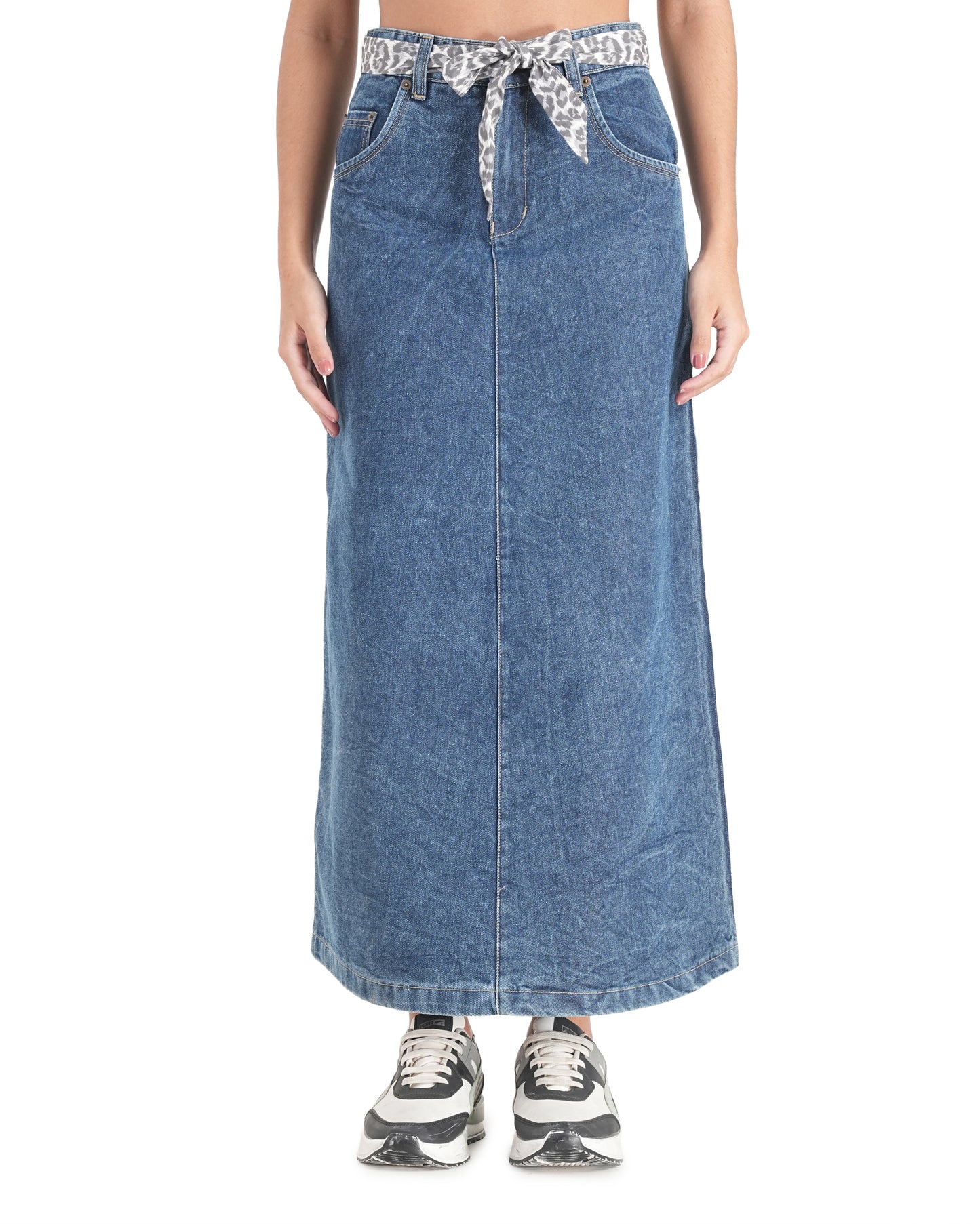 High-Waisted Tie-Belt Denim Midi Skirt