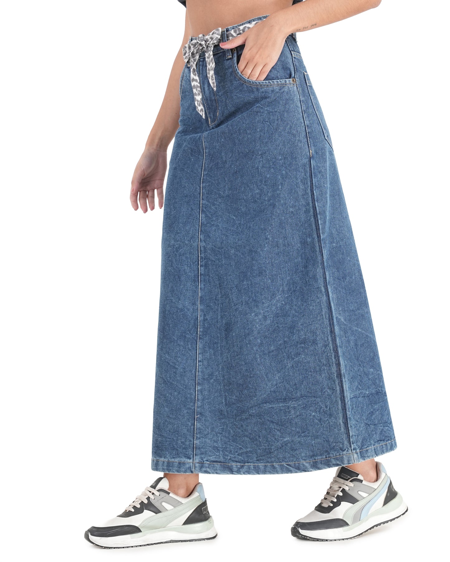 High-Waisted Tie-Belt Denim Midi Skirt