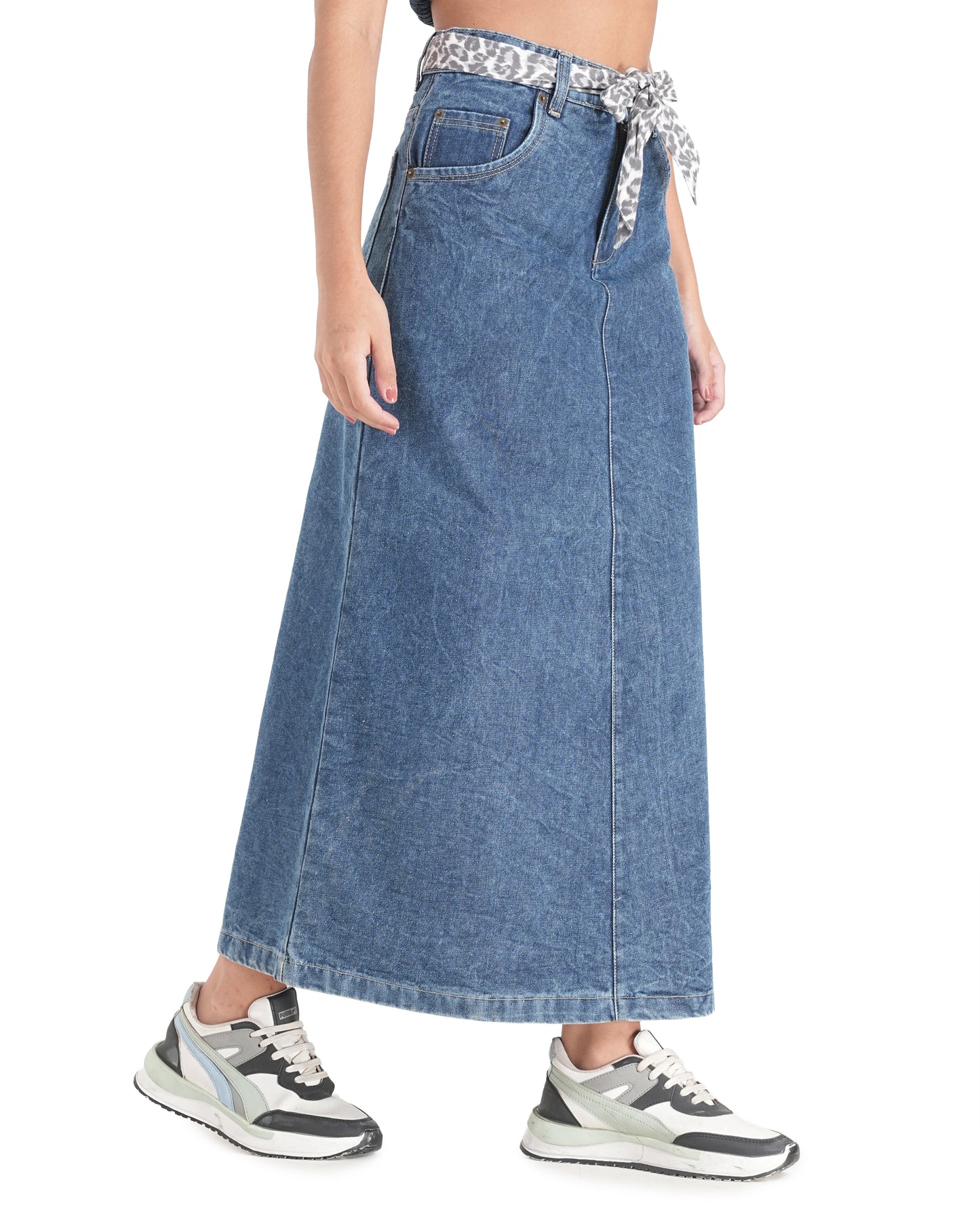 High-Waisted Tie-Belt Denim Midi Skirt