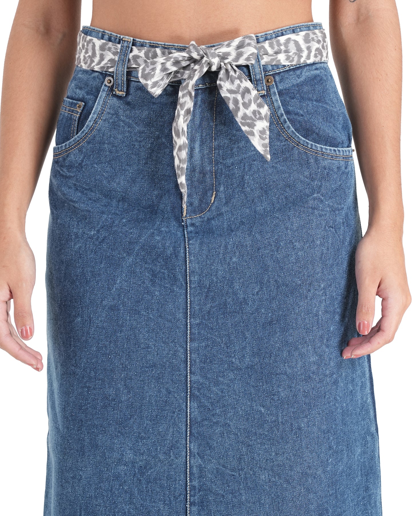 High-Waisted Tie-Belt Denim Midi Skirt