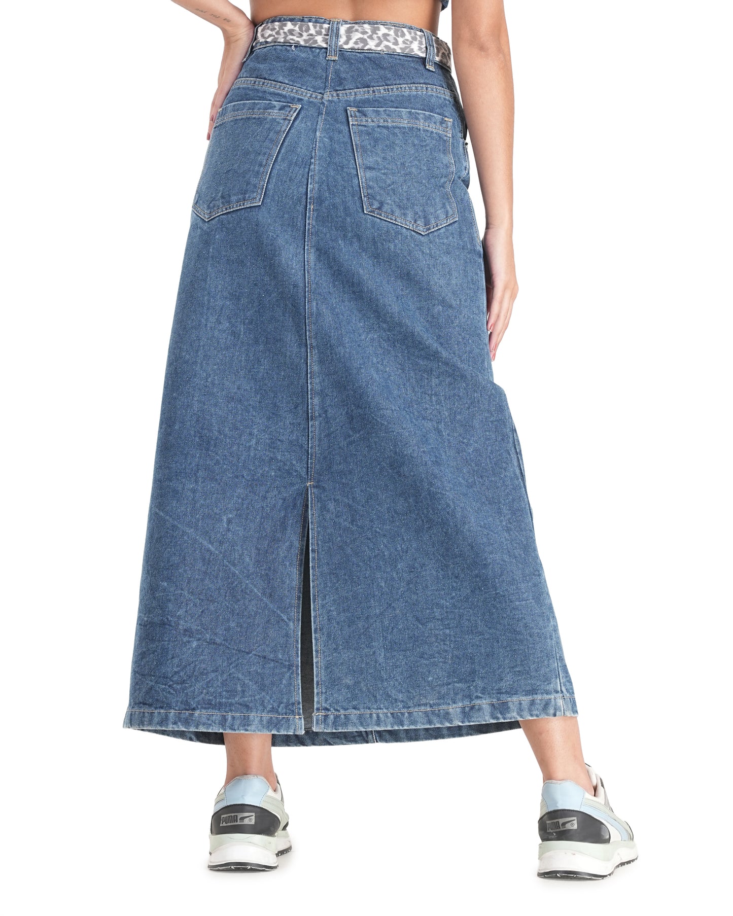 High-Waisted Tie-Belt Denim Midi Skirt